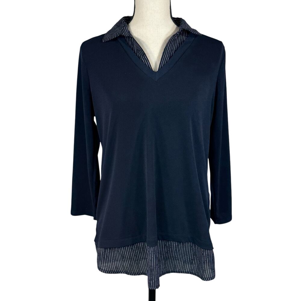 Adrianna Papell Medium Top Stretch V-Neck 3/4 Sleeves Side Slits Collared Blue